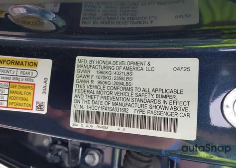2025 Honda Accord Se из США, поврежденный, VIN 1HGCY1F41SA031682